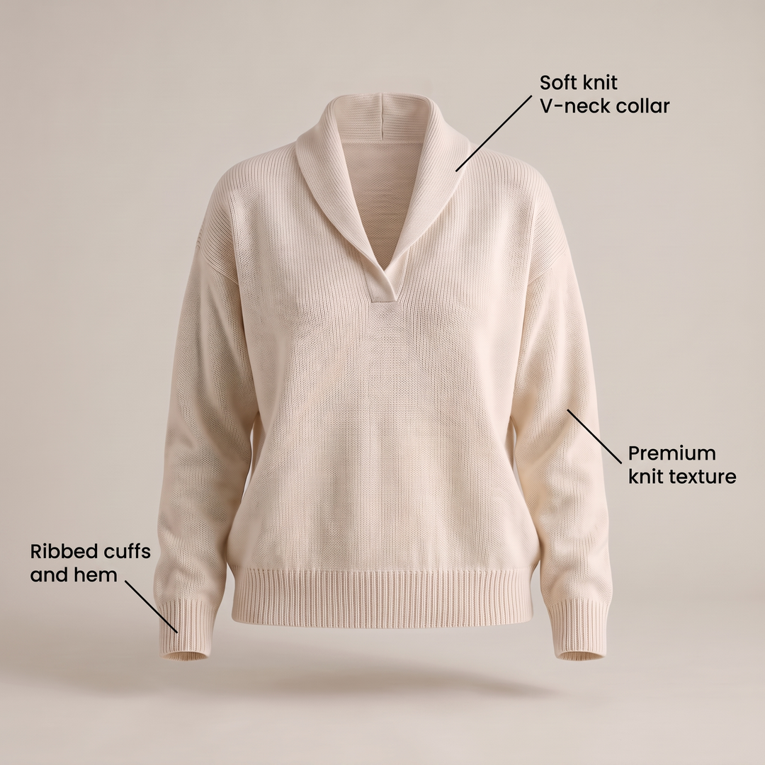 KLASYCZNY DZIANINOWY SWETER Z DEKOLTEM W SEREK
